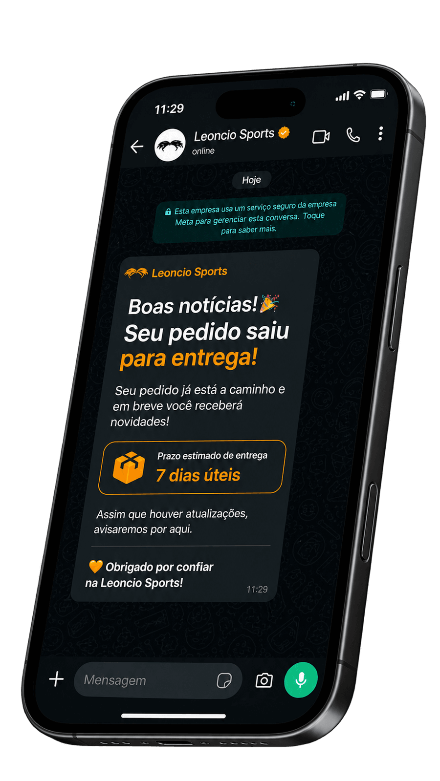 Notificação de pedido da Leoncio Sports no WhatsApp